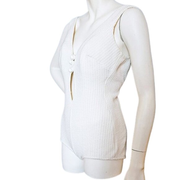 Vintage Other - 1970s True Vintage White One Piece Knit Swimsuit With A Plunging Open Front